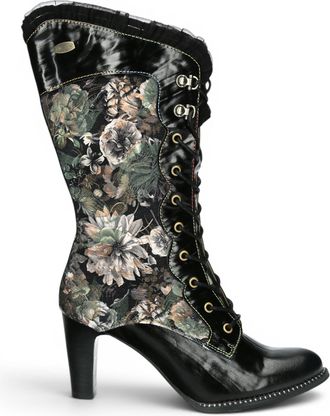 Laura Vita Floral Womens Goth Victorian Black Leather Heeled High Boots - Alcbane-351