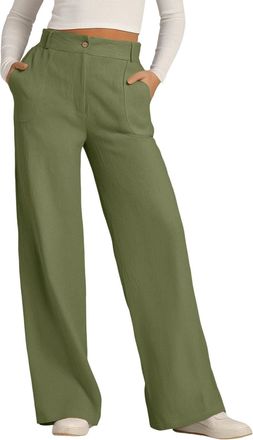 Generic Womens Cotton Linen Wide Leg Trousers - Solid Colour Button Down Casual Pants with Pockets Straight Leg Loose Fit Comfortable Office Wear & Smart Leis