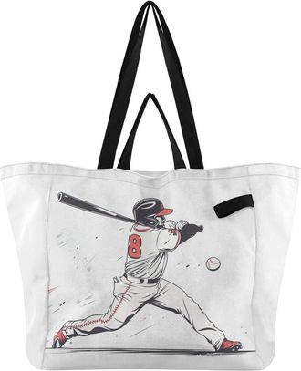 Generic Baseball White Player print Reusable Canvas Tote Bag, Heavy Duty Grocery Shopping Bag with Hard Bottom Double Handles Large Capacity Work Groceries Tr