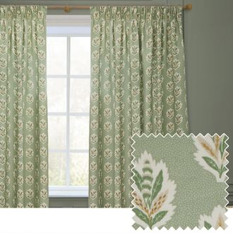 Sanderson Sessile Leaf Printed Room Darkening Pencil Pleat Curtains in Light Green | Size: 168 cm width x 183 cm drop