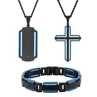 Robert Alton Diamond Accent Stainless Steel Black and Blue 3-Piece Jewelry Set