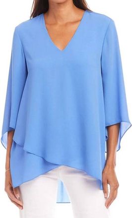 Karen Kane Bracelet Sleeve Asymmetric Top In Dusty Blue
