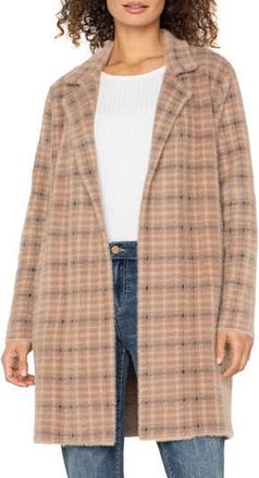 Liverpool L.A. Coatigan Open Front Cardigan Sweater in Camel Cream Plaid at Nordstrom Rack, Size X-Large
