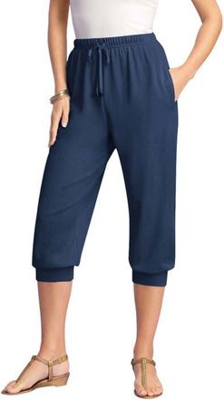 Roaman's Plus Size Soft Knit Capri Pant With Drawstring Waist in Navy at Nordstrom, Size Medium
