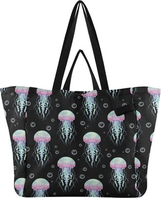 Generic Underwater Jellyfish Black print Reusable Canvas Tote Bag, Heavy Duty Grocery Shopping Bag with Large Capacity Double Handles Hard Bottom Work Groceri