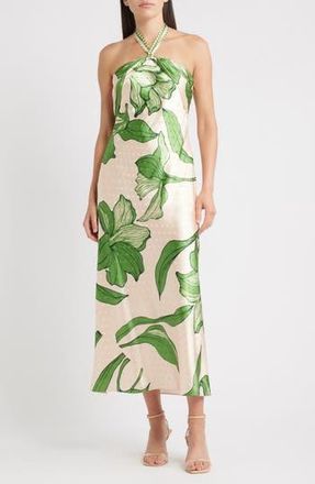 Ciebon Runie Floral Satin Halter Dress in Cream/Green at Nordstrom Rack, Size X-Large