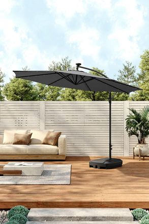 Living and Home Outdoor 32 LED Lighted Patio Umbrella with Crank Lift System & Base in Dark Grey