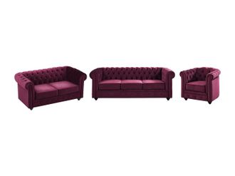 Vente-Unique Sof&aacute;s de 3 plazas, 2 plazas y sill&oacute;n de terciopelo morado CHESTERFIELD