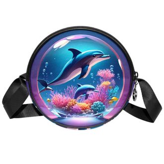 Generic Circle Crossbody Bag for Women, Dolphin Crystal Ball Small Sling Bag Daypack with Zipper Adjustable Shoulder Straps Casual Ladies Girls Round Purse