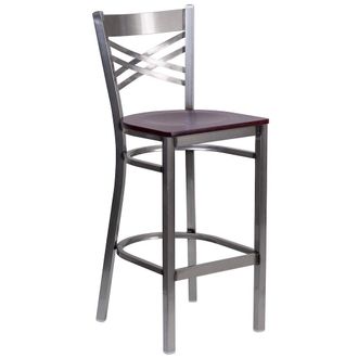 Flash Furniture Clear Coated X Back Metal Restaurant Barstool - Mahogany Wood Seat