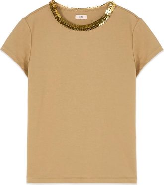Oltre T-shirt met paillettendetail - Dames - T-shirts - Beige - M - Pailletten - Tops