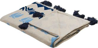 Beliani Beliani - Manta De Algod&oacute;n Beige Azul 130 X 180 Cm Hecho A Mano Patr&oacute;n Floral Borlas Bhind