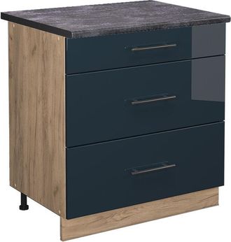 Vicco Mueble Bajo De Cocina Fame-line, Azul Oscuro Alto Brillo, 80 Cm Con 3 Cajones, Et Antracita