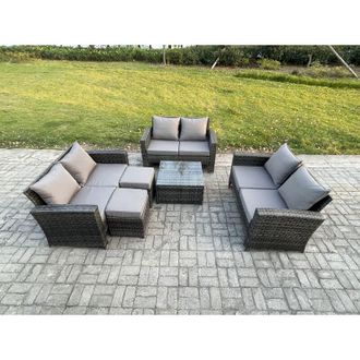 Fimous Outdoor Lounge Sofa Set Wicker pe Rattan Garden Furniture Set with Square Coffee Table Double Seat Sofa 2 Small Footstools Dark Grey Mixed - Fimous