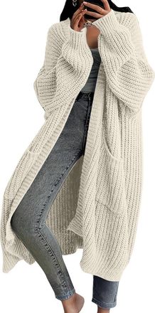 Generic Womens Oversized Long Knitted Cardigan, Chunky Longline Cardigan for Women UK, Casual Loose Knit Sweater Coat with Pockets, Soft Cozy Thick Cardigans 
