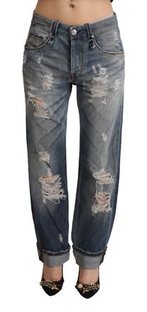 Acht Womens Distressed Boyfriend Jeans Ripped Denim Pants - Light Grey Cotton - Size 26 (Waist)