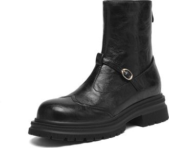 Generic Womens Retro Round-Toe Ankle Boots with Chunky Lug Sole Buckle Strap Comfortable Slip-Resistant Durable for Casual Daily Streetwear Fall Winter,Black,