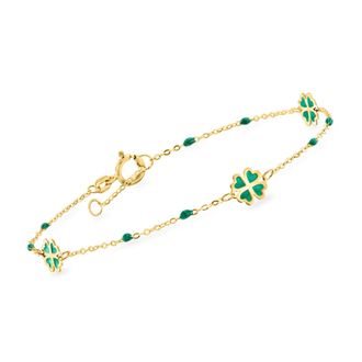 Ross-Simons Italian Green Enamel Clover Station Bracelet in 14kt Yellow Gold