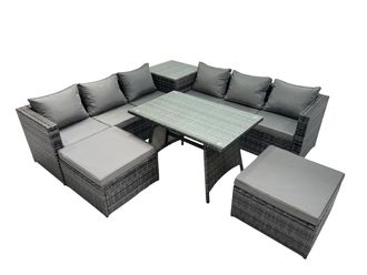 Fimous Garden Rattan Furniture Set 8 Seater with Side Table Stools Dark Grey