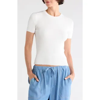 T Tahari Short Sleeve Crewneck Ribbed T-Shirt in Ivory at Nordstrom Rack, Size X-Small