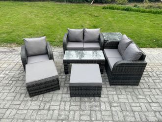 Fimous 7 Pcs Rattan Outdoor Garden Furniture Sofa Set Patio Table & Chairs Set with Side Table 2 Big Footstool Dark Grey Mixed