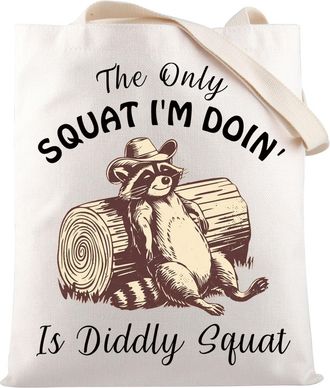Generic Sarcastic Adult Humor Funny Cowboy Raccoon Meme Gift The Only Squat Im Doin Is Diddly Squat Raccoon Tote Bag Outdoors Lover Gift (Only Squat B UK)