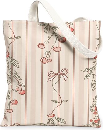 Generic Vintage Cherries Canvas Tote Bags, Elegant Floral Design Reusable Grocery Bags, Lightweight Washable Shoulder Strap Canvas, Peach, 13x15 Inch