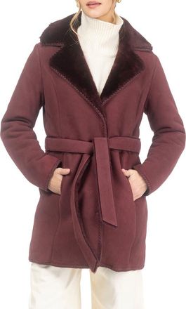 Gorski Genuine Shearling Stroller with Embroidered Trim & Belt in Burgundy at Nordstrom, Size X-Large