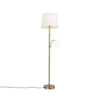 QAZQA Qazqa Cl&aacute;sico/antiguo L&aacute;mpara De Pie Cl&aacute;sica Bronce Pantalla De Tela Blanca Con Flexo - Retro Acero /textil Alargada Adecuado Para Led Max. 1 X 60 Wat