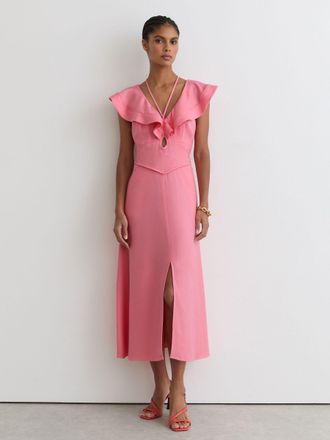Reiss Pink Ruffle Tie-neck Keyhole Midi Dress, 12