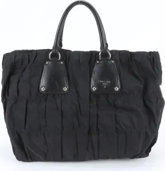 Prada Black Leather Nylon Handbag Shoulder Bag Tote Bag (Pre-Owned)
