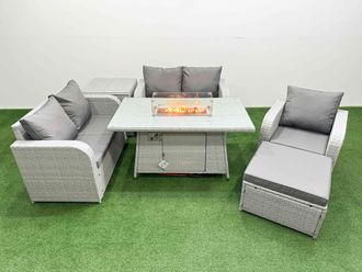 Fimous High Back Poly Rattan Garden Furniture Set w/ Reclining Chair Loveseat Sofa Firepit Dining Table Indoor Outdoor Patio Set Big Stool Side Table