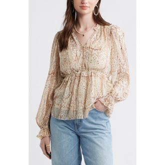 Treasure & Bond Long Sleeve Chiffon Peplum Top in Ivory-Yellow Antique Paisley at Nordstrom, Size Xx-Large