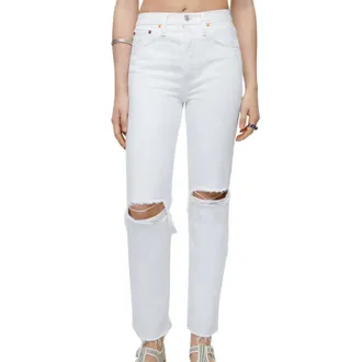 Re/Done High Rise Stove Pipe Jeans In White Destroyed