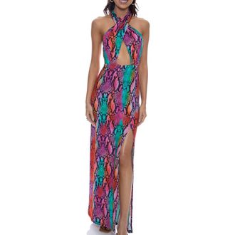 Luli Fama Halter Neck Cut Out Long Dress in Multi-Purple at Nordstrom, Size X-Small