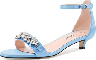 Castamere Womens Low Kitten Heel Open Toe Sandals Ankle Strap Rhinestone Crystal Wedding Dress Satin 3 CM Heels Sky Blue 5 UK