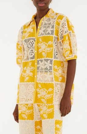 Farm Rio Lace Patchwork Cotton Button-Up Shirt in Off-White/Yellow at Nordstrom, Size X-Small