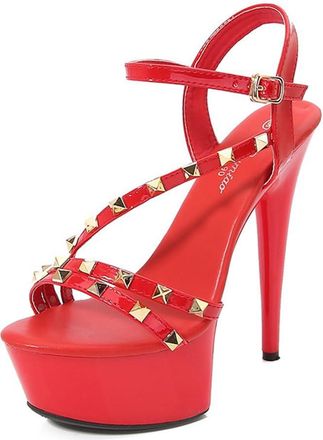 Generic Red,7.5 UK,Womens High Stiletto Platform Heeled Sandals Peep Open Toe Ankle Strap pumps15cm Heels Studded Sandals Wedding Party Dress Shoes