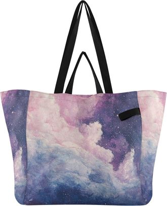 Generic Starry Purple pattern Reusable Canvas Tote Bag, Heavy Duty Grocery Shopping Bag with Large Capacity Double Handles Hard Bottom Work Groceries Travel