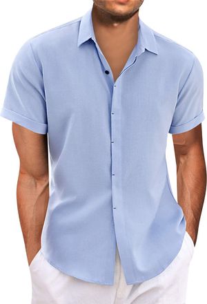 Generic Mens Short Sleeve Shirt Stretch Stain Shield Plain Shirts Regular Fit Business Blouse Casual Smart Button Down T-Shirt,Blue,L