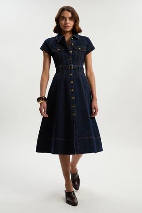 Karen Millen Button Up Belted Denim Midi Dress in Dark Blue at Nordstrom, Size 2