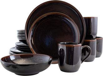 Elama Midnight Beach 16 Piece Dinnerware Set in Metallic Black