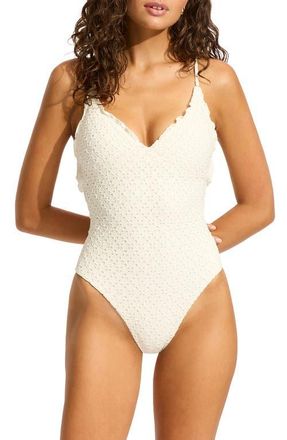 Seafolly Daydreamer Deep V-Neck One-Piece Swimsuit in Vanilla at Nordstrom, Size 12 Us