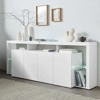 Dmora Dmora - Aparador Wilmer, Buffet De Sal&oacute;n 4 Puertas, Aparador De Sal&oacute;n, Aparador Moderno, 220x40h80 Cm, Blanco Brillante, Con Embalaje Reforzado
