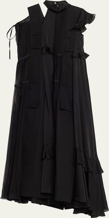 sacai Mixed-Media Tiered Cap-Sleeve Maxi Dress