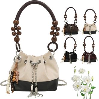 Generic 2026 Suede Beaded Drawstring Bucket Bag, Trendy Bucket Bag Brown Purse, Trendy Versatile Lightweight Handbag for Women (White)