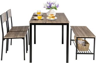 Costway Costway - Cosway Juego De Mesa Y Silla De Comedor De 4 Piezas, Mesa De Reuni&oacute;n Industrial Con 2 Sillas Y 1 Banco, Juego De Cocina Con Marco De Metal Y