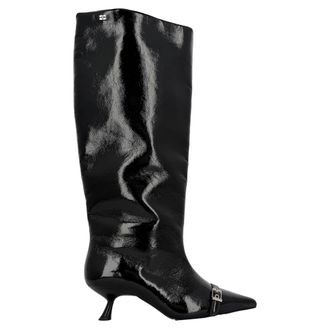 Ganni Ganni Eyelet-detail Slouch Knee-high Boots in Black Patent Leather