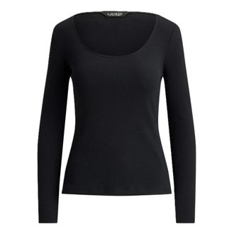 Ralph Lauren Rib-Knit Long Sleeve V-Neck Top - Dames - Tops - Zwart - Maat: S Katoen