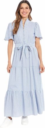 London Times Mackenzie Ruffle Sleeve Maxi Dress In Blue And White Twill Stripe